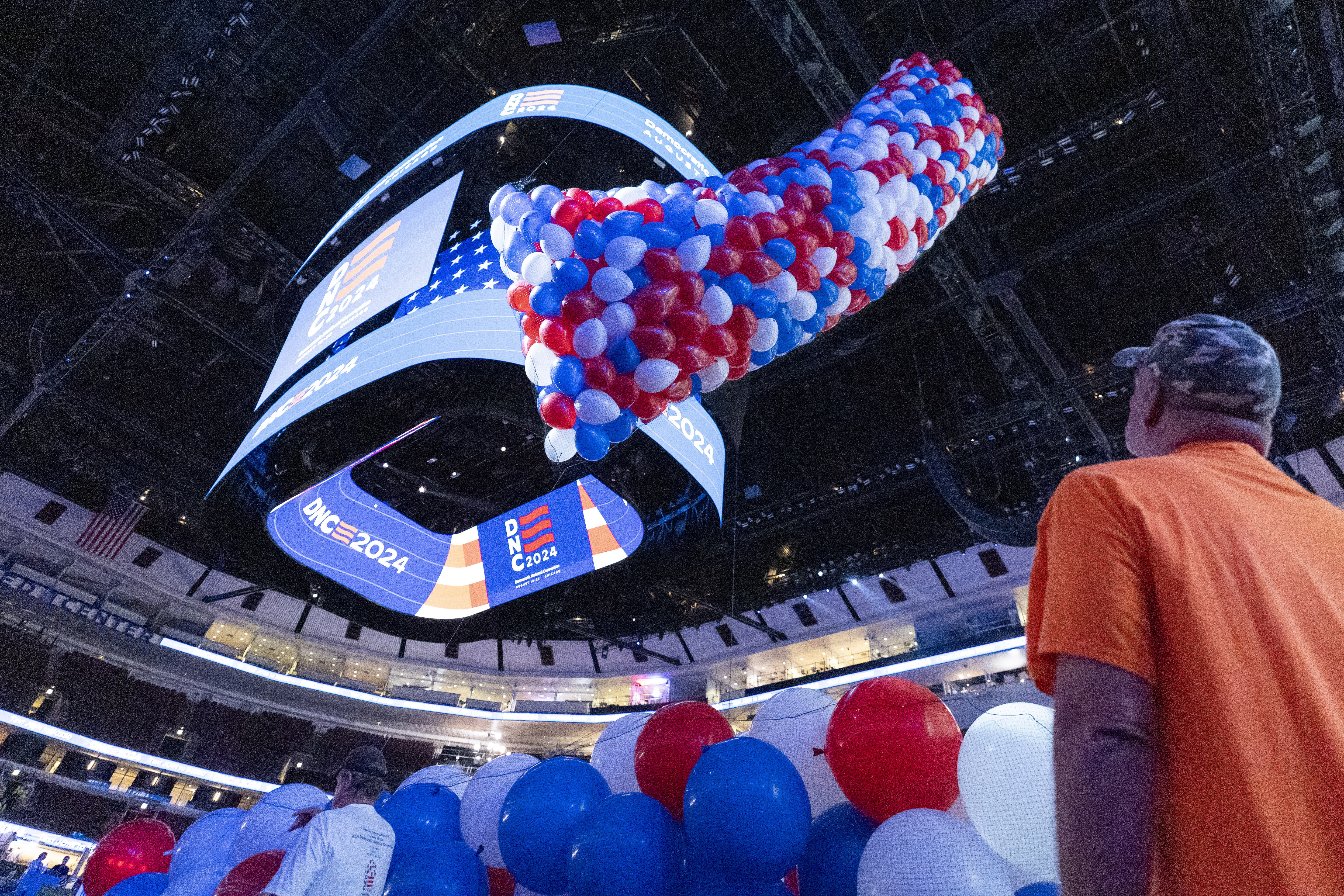A bag of balloons is raised to the ceiling as preparations are made before the upcoming Democratic National Convention. A bag of balloons is raised to the ceiling as preparations are made before the upcoming Democratic National Convention.
