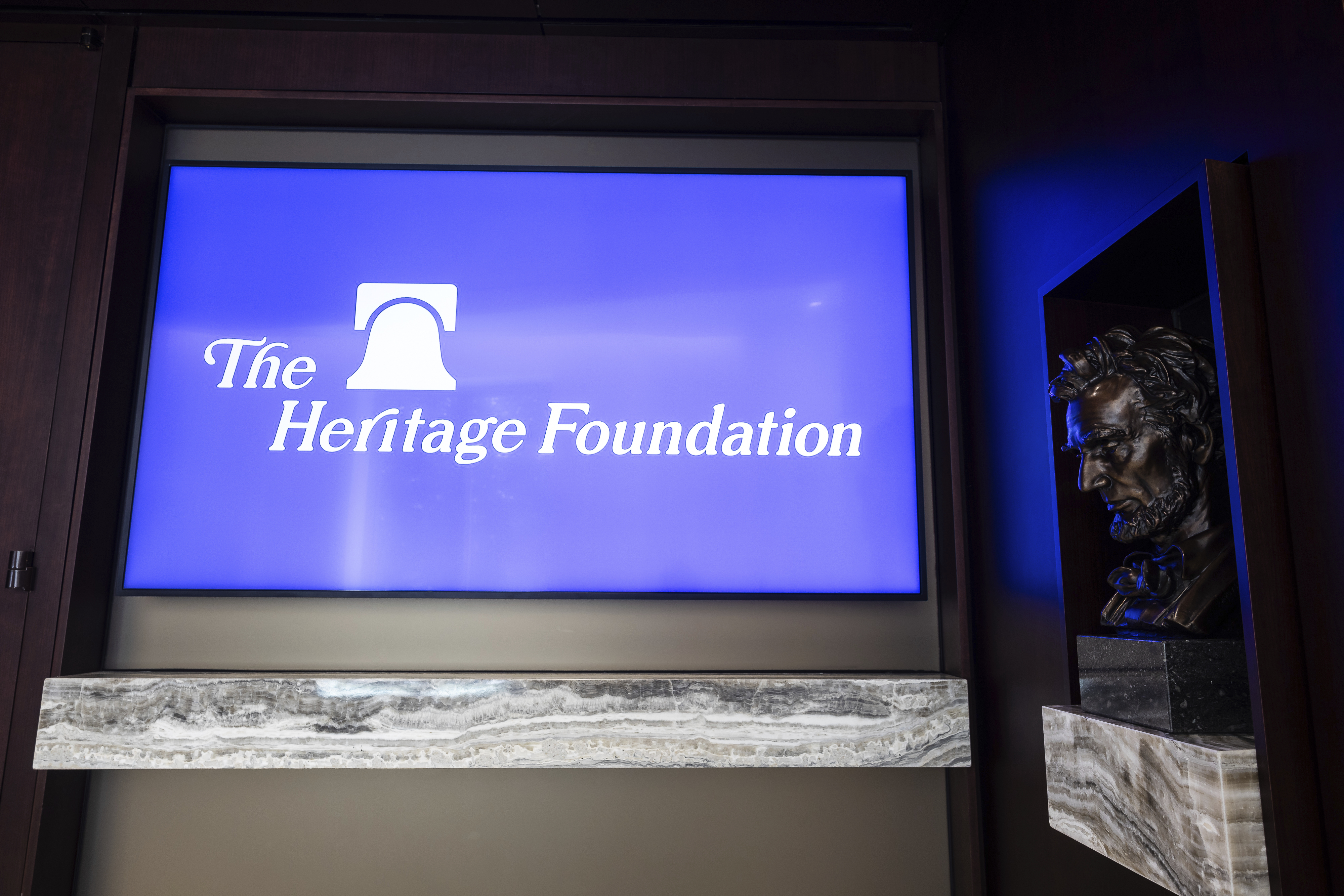 A screen displaying the Heritage Foundation logo. A screen displaying the Heritage Foundation logo.